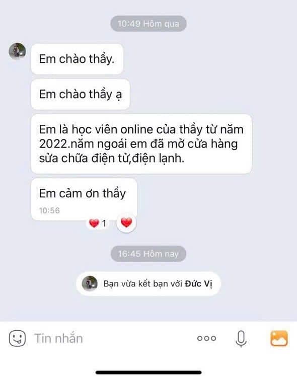 Học viên online từ năm 2022 nhắn tin cảm ơn thầy, nay đã mở cửa hàng sửa chữa điện tử – điện lạnh